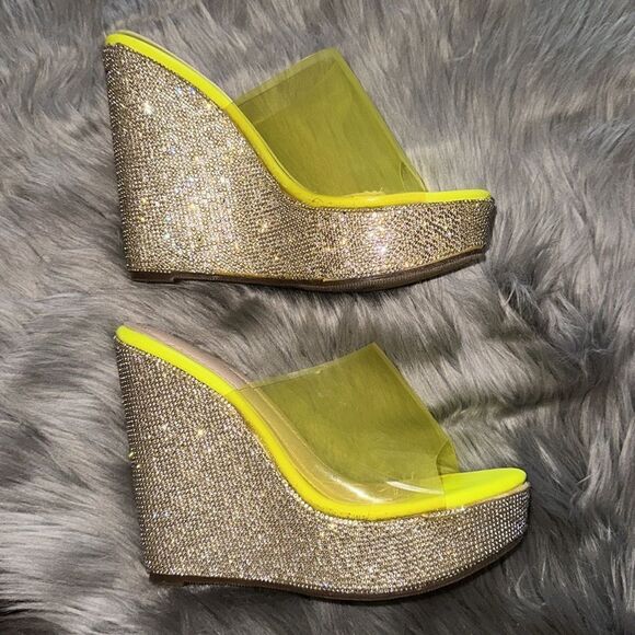 Chase + Chloe rhinestone platforms. Neon yellow and clear. - Picture 3 of 9